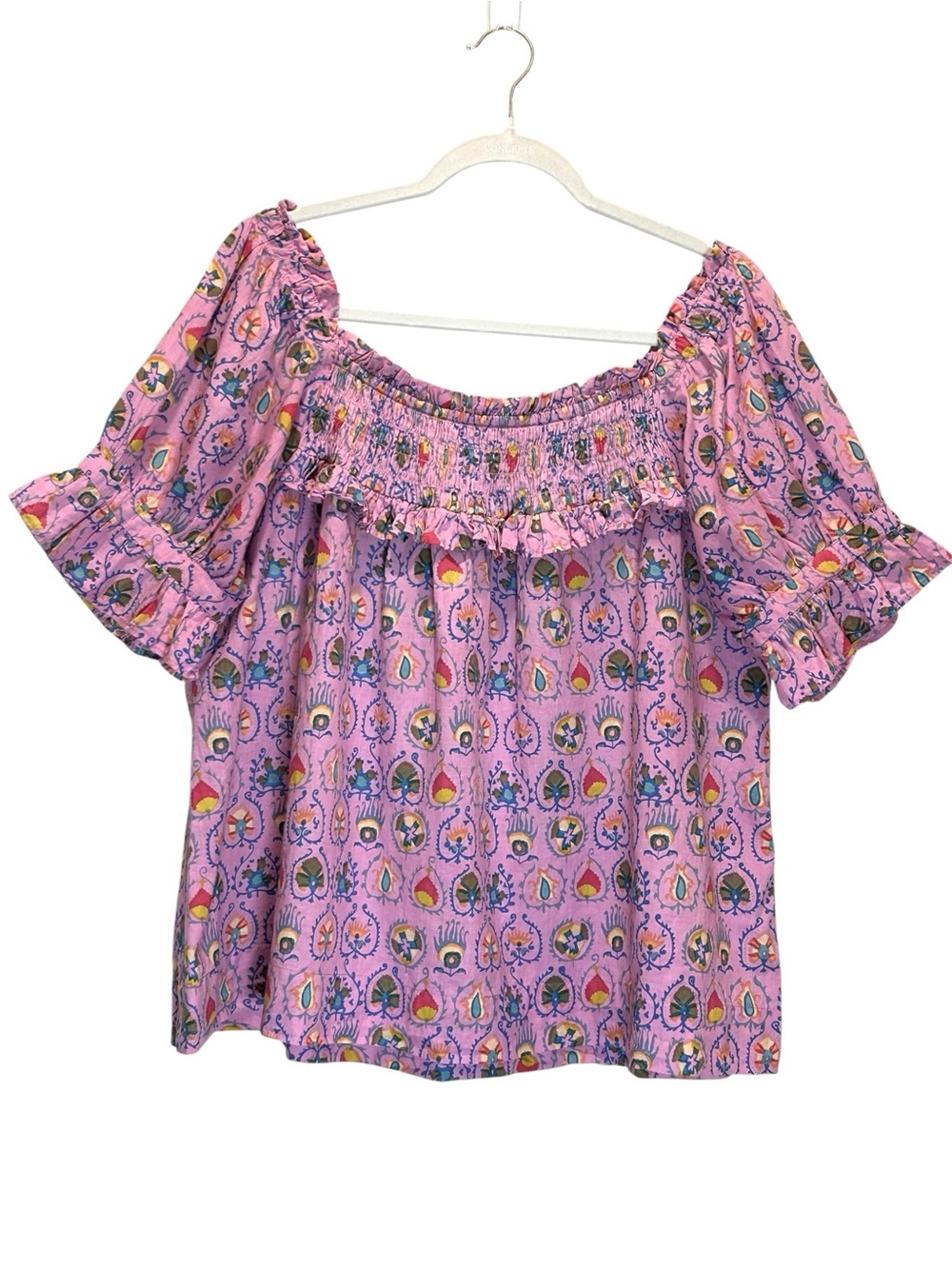 Ivy Jane Pink Cotton Floral Baby Doll Top, Balloon Sleeves, Smocking - Medium